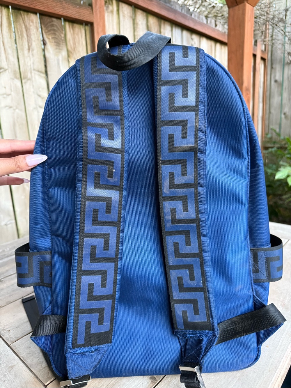 Versace Blue Backpack with Greek Key Strap Detail
